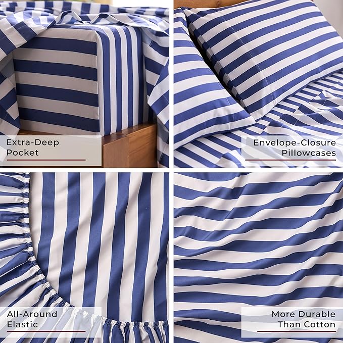 Mellanni California King Sheets Set - 4 PC Iconic Collection Bedding - Hotel Luxury, Soft, Cooling Bed Sheets - Wrinkle, Fade, Stain Resistant (Cal King, Oxford Stripe Blue Nova)