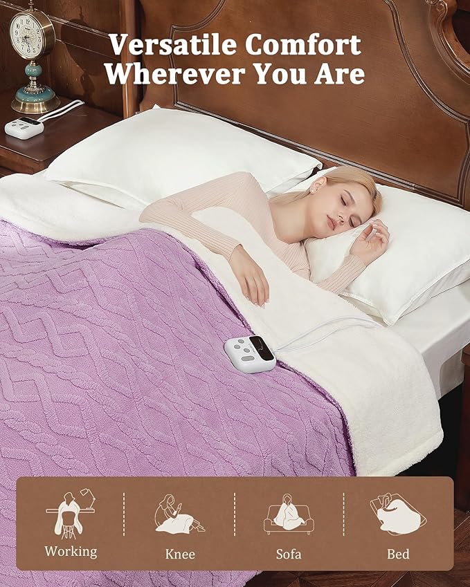 CAROMIO Electric Blanket King Size Dual Control - Thick Tufted Sherpa Heated Blanket King with 10 Heating Levels and 10 Time Settings, ETL Certified Fast Heating Blanket King Size 90"×100", Purple