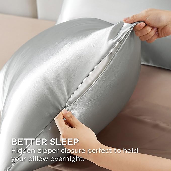 Bedsure Satin Pillowcase with Zipper, Similar to Silk Pillow Cases 2 Pack, Grey Satin Pillow Cases Standard Size, Silky & Soft Pillow Covers for Hair and Skin, Gifts for Women Men, 20x26 Inches