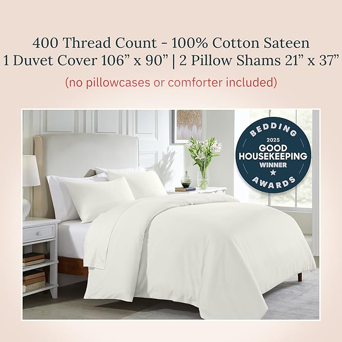 California Design Den 3 Pc King Size Duvet Cover Set -Winner Good Housekeeping Best Bedding Awards 2025, 400 Thread Count Sateen 100% Cotton Bedding Duvet Covers - Ivory (Pale Tone)