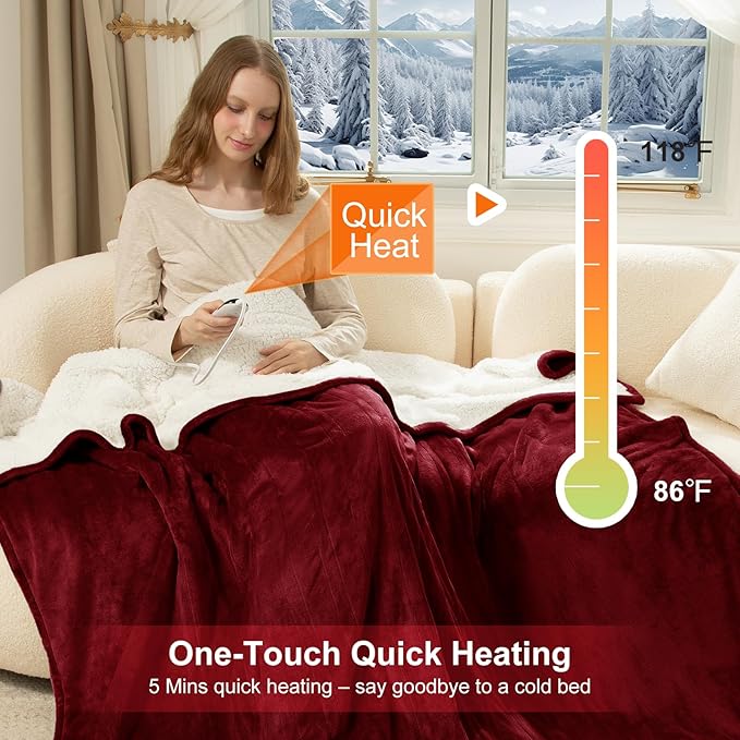 Full Size Heated Blanket Fast Heating - 72" x 84" Electric Blanket Full with 6 Heating Levels, 10 Hours Adjustable Timer, ETL Certified, Washable Heating Blankets for Home Office, Red