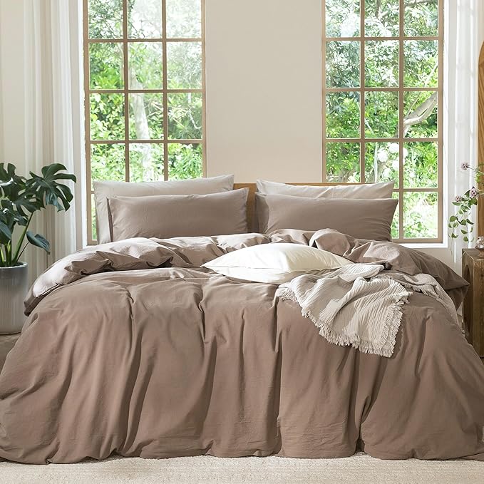 MooMee Bedding Duvet Cover Set 100% Washed Cotton Linen Like Textured Breathable Durable Soft Comfy (Solid Brown, Super King Plus 120"x120")