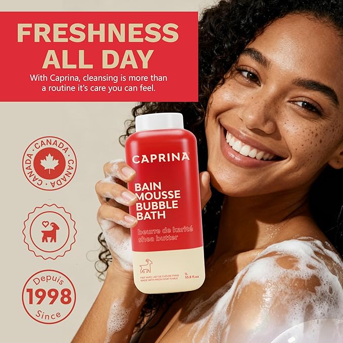 Caprina Fresh Goat’s Milk Bubble Bath, 1L, Hydrating Relaxing Foam Bath, Moisturizing and Gentle on Skin, Made in Canada (Shea Butter)