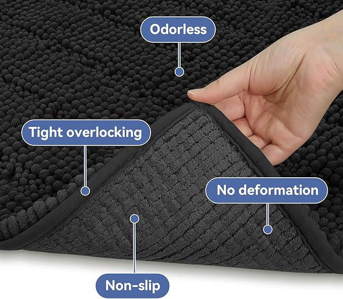 Bcoimo 36"×24" Chenille Bath Mat – Non-Slip with Backing Bath Rug Ultra-Absorbent and Machine Washable Bathroom Mat Quick-Dry Design. Ideal for Bathroom and Tub Areas