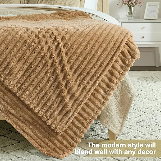 decorUhome Christmas Soft Fleece Brown Blanket King Size for Bed, Cozy Fluffy Plush Flannel Large Striped Throws for Couch Sofa, Lightweight Decorative Fuzzy Blanket for Woman, 108x90 Inches