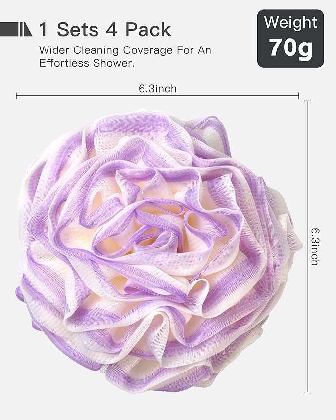 Large Bath Sponge Pouf 70g, 6.3 Inch Exfoliating Shower Loofah, Soft Durable PE Mesh with Reinforced Knotting, Rich Lather Body Wash Scrubber, 4-Pack Elegant Colors Gift Set（B-4Pcak）