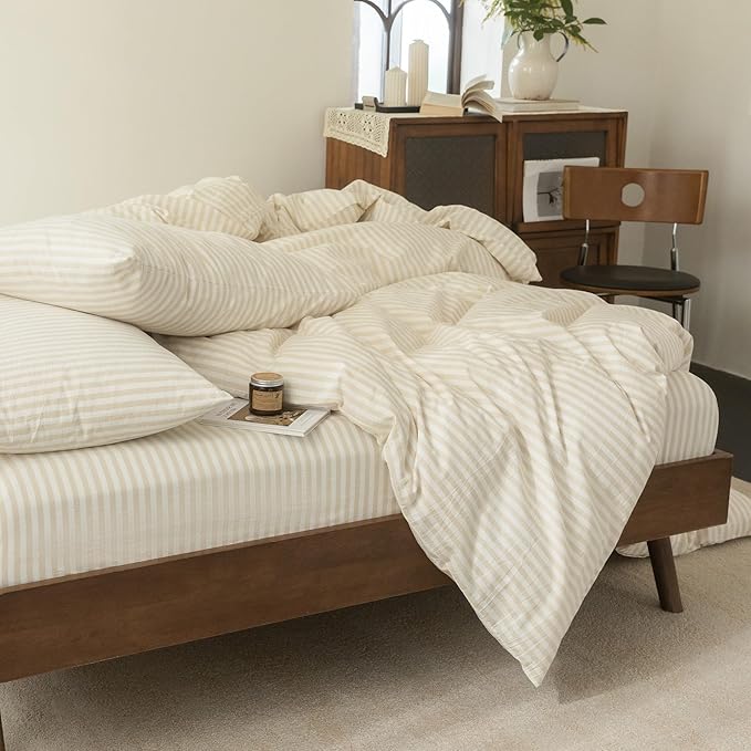 FOSSA Striped Duvet Cover Set 100% Washed Cotton Linen Feel Super Soft Breathable Cozy 3 Pieces Bedding Sets Almond Milk Grey Classic Stripes King