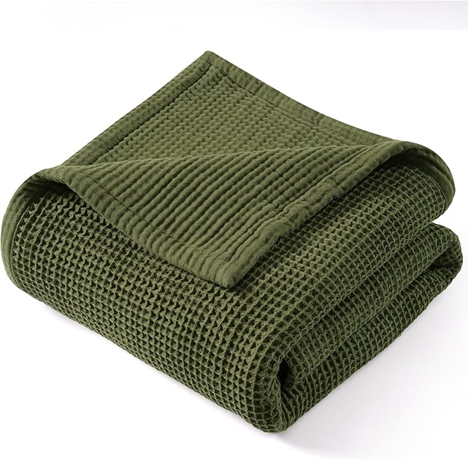 PHF 100% Cotton Waffle & Muslin Blanket King Size, Soft Breathable Luxury 400GSM Versatile Reversible Bedding for Bed, Great for Layering in Cold Weather, Home Decor Gift, 104" x 90", Olive Green