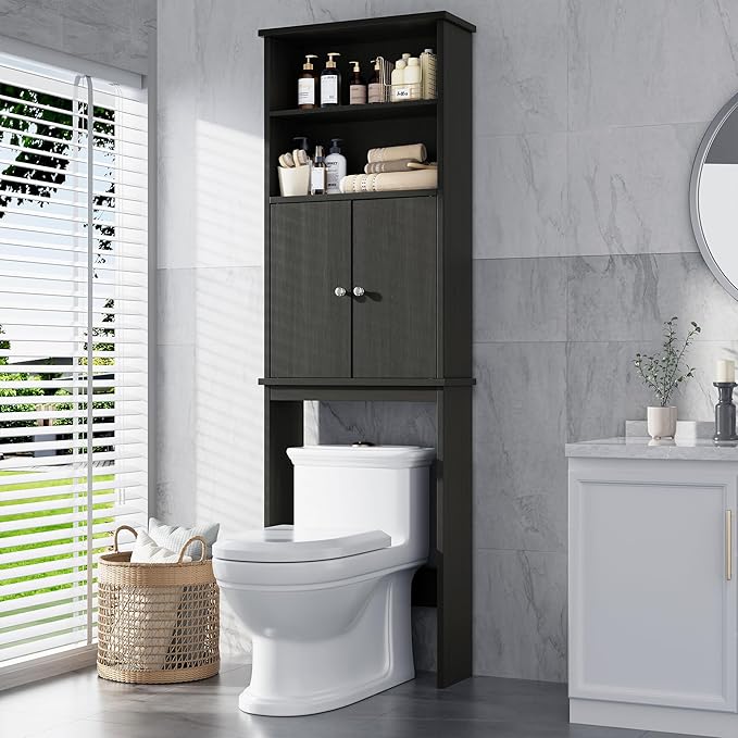 Meilocar Over The Toilet Storage Cabinet for Bathroom, 75in Black Over Toilet Cabinet Freestanding Storage Organizer, Space Saver with Doors and Adjustable Shelf, Black