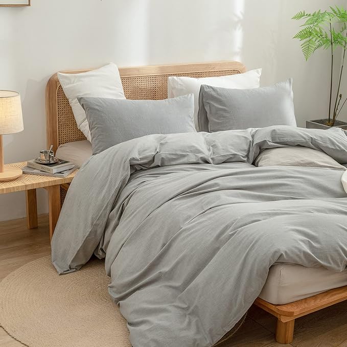 BESTOUCH Duvet Cover Set 100% Washed Cotton Linen Feel Super Soft Comfortable Chic Lightweight 3 PCs Home Bedding Set Solid Light Grey Super Queen