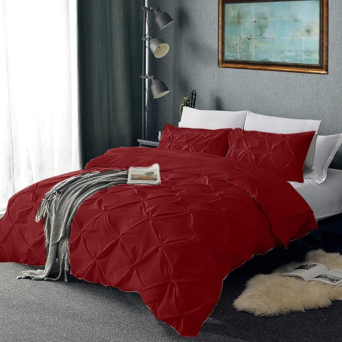 Pinch Pleated Duvet Cover Set 100% Brushed Microfiber 3PC Queen Size 90x90 Duvet Cover Set, Decorative Pinch Design Burgundy Duvet Cover with Matching Pillow Case