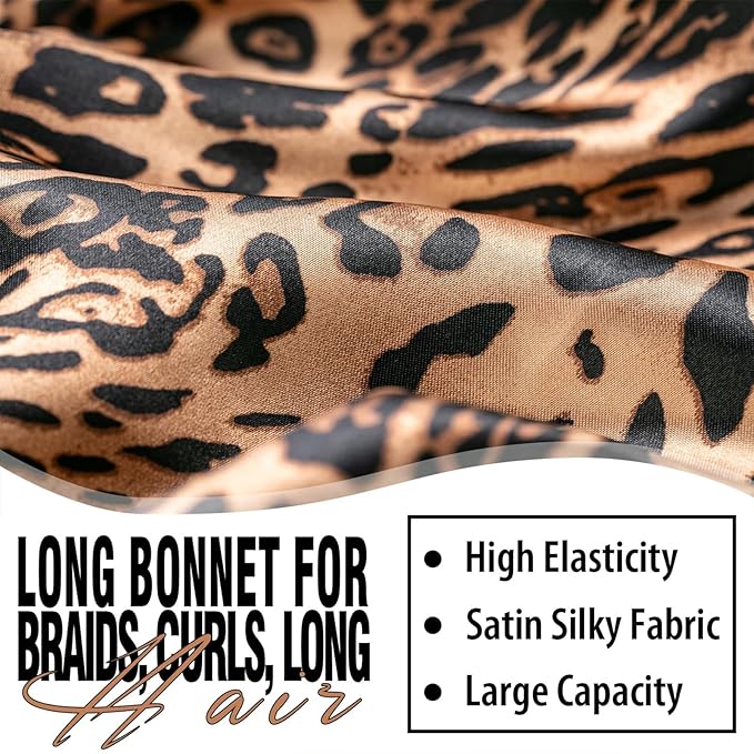 2Pcs Bonnets for Black Women Braid Bonnet, Large Long Satin Bonnet for Braids, Silk Bonnet with Stretchy Tie Band Sleep Cap Hair (2Pcs-Black&Leopard)