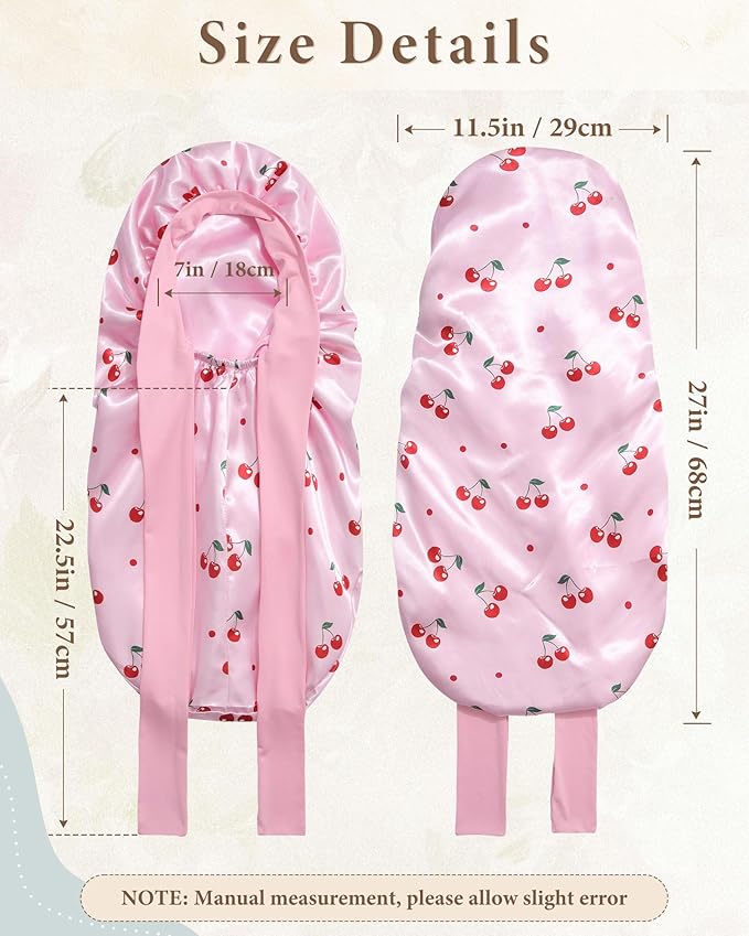 AWAYTR Long Satin Bonnet for Sleeping, Reversible Double Layer Hair Bonnet with Elastic Tie Band (Cherry Print+Pink)
