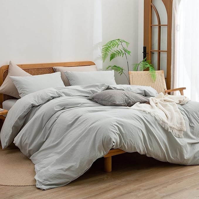 BESTOUCH Duvet Cover Set 100% Washed Cotton Linen Feel Super Soft Comfortable Chic Lightweight 3 PCs Home Bedding Set Solid Northern Droplet Grey Cal King