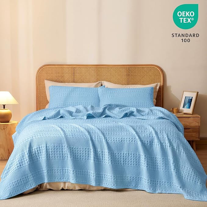 PHF 100% Cotton Waffle Weave Blanket Twin Size for Bed, Soft Lightweight & Breathable, All-Season Comfort, Luxury Aesthetic Woven Bedding for Home Decor, 66"x90", Sky Blue