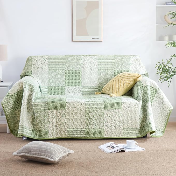 Mybedsoul Light Green Quilt Set Queen Size, 3 Pieces Plaid Floral Bedspread Set Patchwork Reversible Bedding Set Microfiber Lightweight Bedspread Coverlet Set for All Season 96"x90"