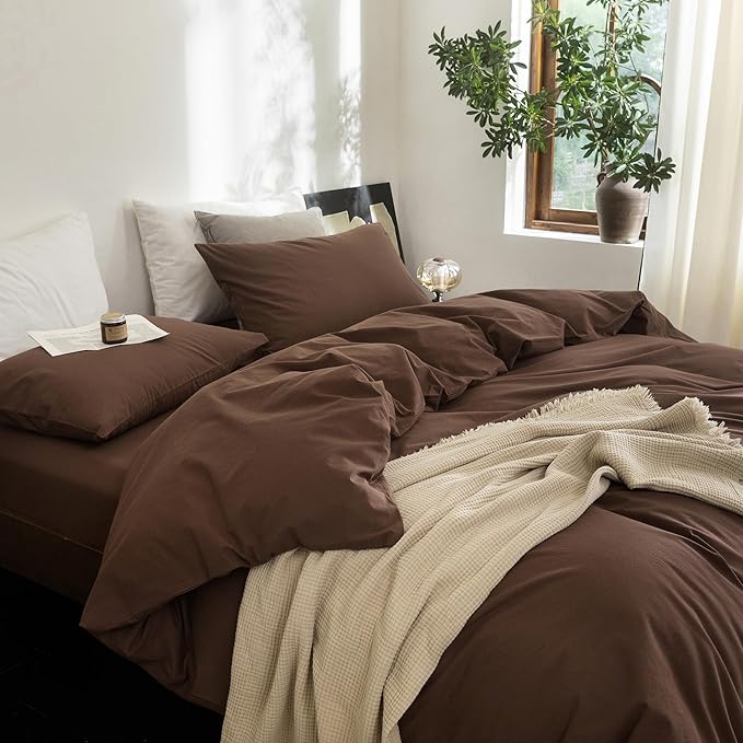 FOSSA Duvet Cover Set 100% Washed Cotton Linen Feel Super Soft Breathable Cozy 3 Pieces Bedding Sets Solid Cocoa Brown Queen