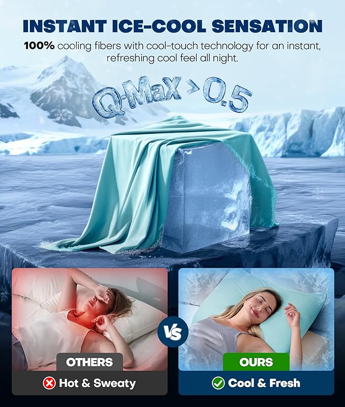 Ultra-Chill Cooling Pillowcase Set of 2 for Hot Sleepers, Softer Than Silk Pillow Cases for Protecting Hair & Skin, Breathable Bed Pillow Covers w/Zipper, Gifts for Women & Men (Mint Blue, King)