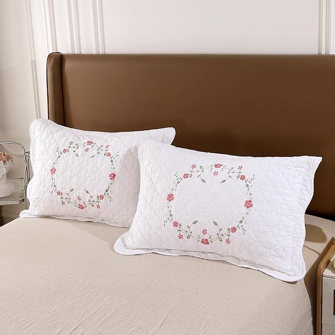 Quilt Set Circular Floral 3D Embroidery Pattern 3 PCS 100% Cotton Reversible Quilted Embroidered Decorative Bedspreads Coverlet Set, Lightweight &Soft King Size White Bedding Coverlet for All Season