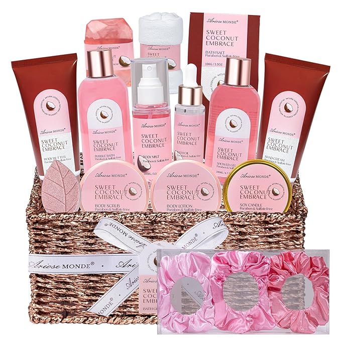 Gift Baskets for Women, Spa Gifts for Women - 17pcs Coconut Spa Gift Set with Body Lotion, Bubble Bath, Relaxing Bath Set, Birthday Christmas Gifts for Her