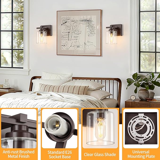 1 Light Modern Bathroom Light Fixtures Over Mirror, Bronze Finish Vanity Lights for Bathroom Wall Sconces with Clear Glass Shades, E26 Socket (Bulbs Not Included)