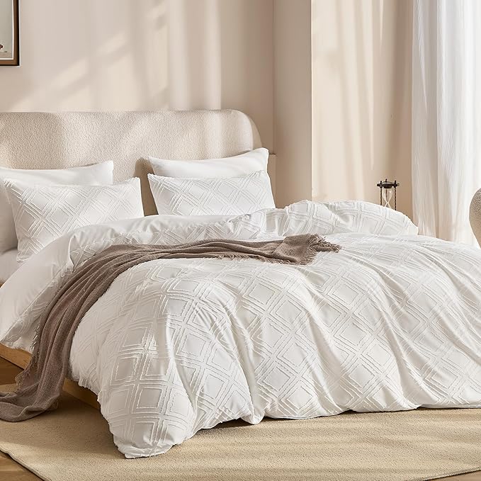 JELLYMONI Duvet Cover Queen Size White - 3PCS Boho Duvet Cover Set Plaid Polyester Tufted Bohemian Jacquard Knit Textured Comforter Cover 90×90in Rhombic Geometric Pattern Zipper Corner Tie