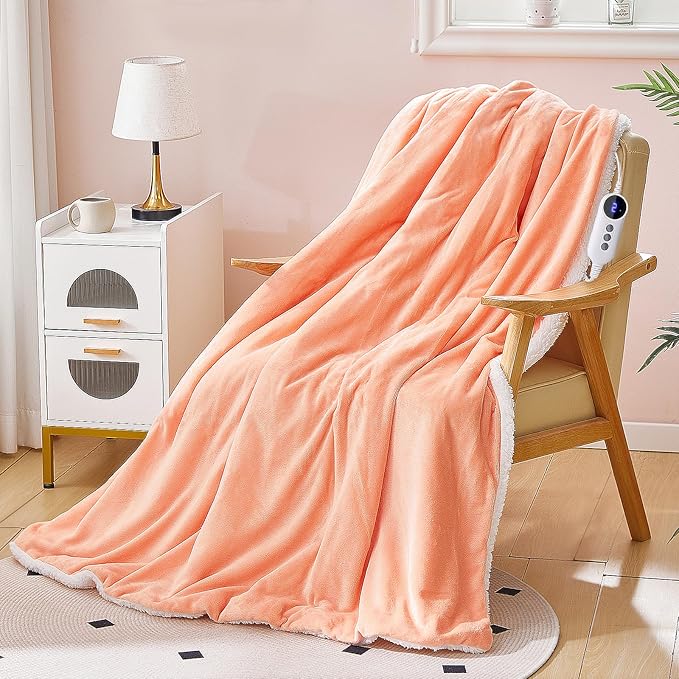 Electric Heated Blanket Throw 50"x60" - Soft Cozy Flannel & Sherpa Fabric Dual-Sided, 9 Heat Settings & 10H Auto Off, Warming Heated Throw for Home Office, Machine Washable, Light Coral Pink