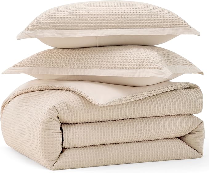 Bedsure Cotton Duvet Cover Set - 100% Cotton Waffle Weave Beige Duvet Cover Oversized Queen Size, GentleSoft™ and Breathable Bedding Set for All Season, 3 Pieces, 98"x98"