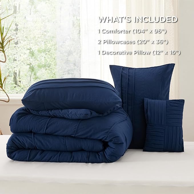 Bedsure Navy Blue California King Comforter Set - 4 Pieces Pinch Pleated Bed Set, Down Alternative Bedding Sets for All Season, Includes 1 Comforter, 2 Pillowcases, and 1 Decorative Pillow