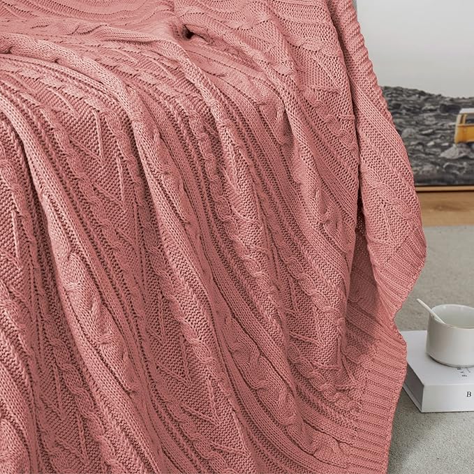 Aormenzy Dusty Pink Cable Knit Throw Blanket Oversized 60" x 80" Super Soft Comfy Knitted Blanket for Couch Bed Sofa, Twin Size