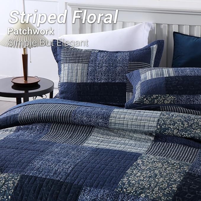Yvooxny Quilts Queen Size Reversible Lightweight Bedspread 3-Piece Quilt Set Plaid Floral Patchwork 100% Cotton Queen Quilt Set Bedding Set with Pillow Shams for All Seasons, Azure Blue, 90x98''