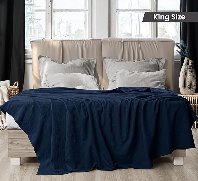 Utopia Bedding Navy 100% Cotton Blanket [King Size - 90x108 Inch] 350GSM Lightweight, Soft and Breathable Thermal Blanket for All Seasons