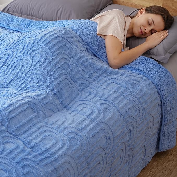 Sherpa Fleece Adult Weighted Blanket Great for Sleep, 15 lbs Dual Sided Soft Fuzzy Heavy Blankets for Couch Bed Sofa, Cozy Warm Fluffy Arched Jacquard Throw for Winter (Blue, 60" x 80", 15 Pounds)