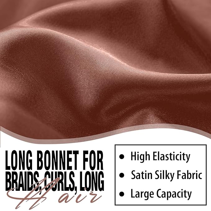 2Pcs Bonnets for Black Women Braid Bonnet, Large Long Satin Bonnet for Braids, Silk Bonnet with Stretchy Tie Band Sleep Cap Hair (2Pcs-Black&Brown)