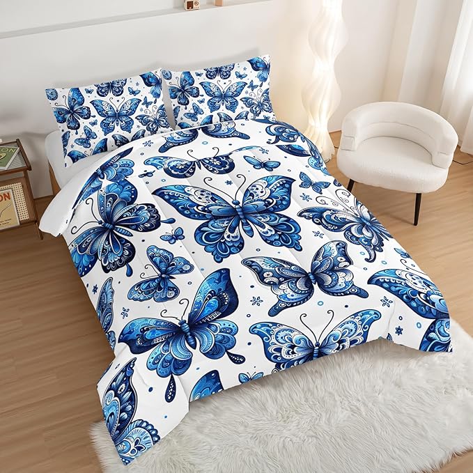 Blue Butterfly Comforter Bedding Set Full Size,Bohemian Style Blue Series Bedding for Kids Girls Boys,Insect Themed Children's Bedding Soft Fluffy Comforter Sets with 2 Pillowcases.