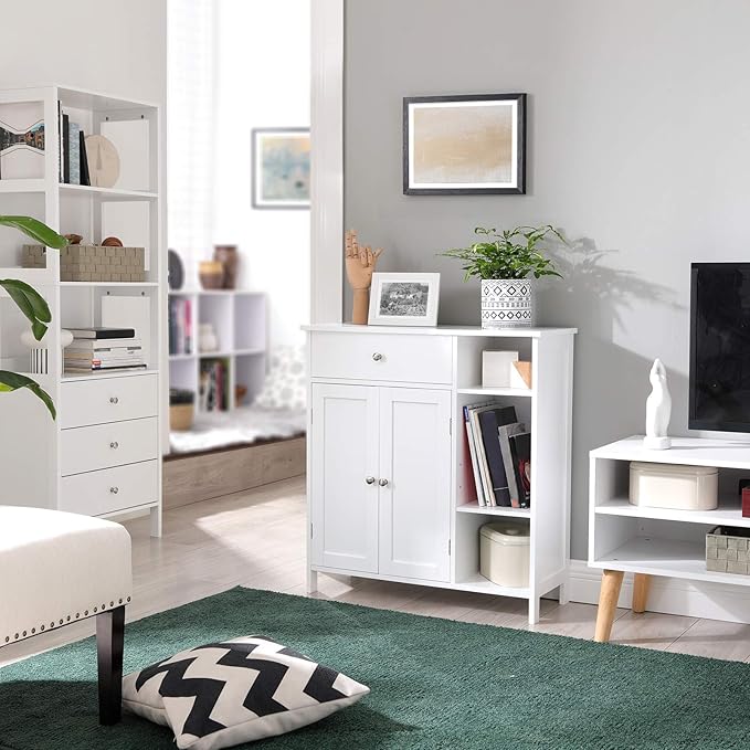 VASAGLE Floor Storage Cabinet with Drawer, Freestanding Cabinet with Doors, 3 Open Compartments, Adjustable Shelves, 11.8 x 29.5 x 31.5 Inches, for Bathroom, Living Room, Cloud White UBBC142W01