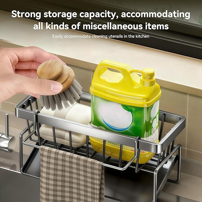 Sponge Holder for Kitchen, Sink Caddy Organizer Rack for Kitchen Accessories, Soap Dispenser Countertop Organizer Essentials for Home (Grey)