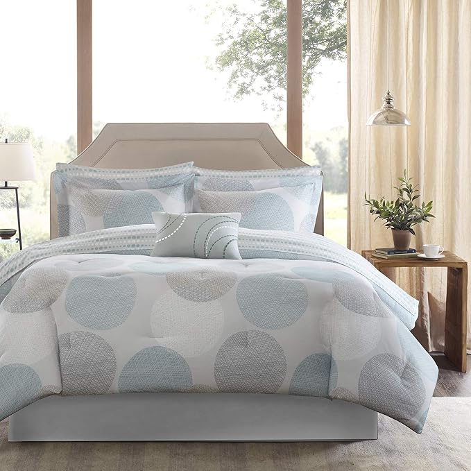 Madison Park Essentials Bed in a Bag Comforter, Vibrant Color Design All Season Down Alternative Cover with Complete Cotton Sheet Set, Full(78"x86"), Knowles, Circular Aqua, 9 Piece