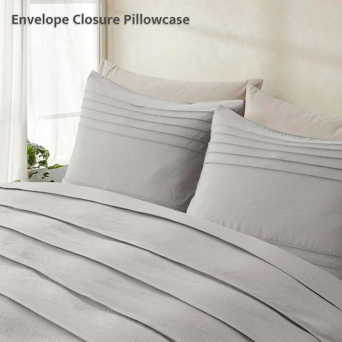 Oli Anderson Light Grey Duvet Cover King Size - Pleated King Duvet Cover, 3PCS Soft and Breathable Textured Bedding Set with Zipper Closure(Light Grey,104"x90")