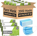2000 Bulk Face Masks (40 Boxes, 50pcs/Box), Non Woven Thick 3-Layers Breathable Facial Masks with Adjustable Earloop, Mouth and Nose (Blue)