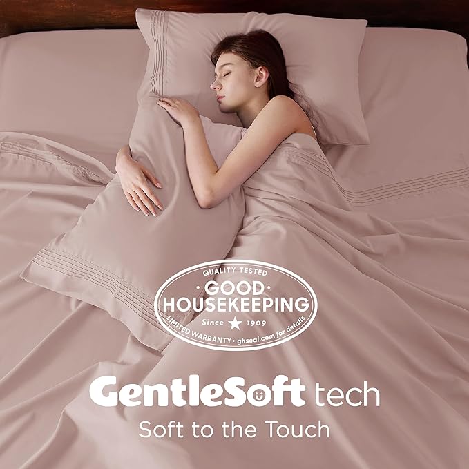 Bedsure Deep Pocket Queen Sheets Set - Fits Mattresses Up to 21 Inches Thick - 4 Piece GentleSoft Bed Sheets, Moisture Wicking, Soft & Cooling Bedsheet & Pillowcases, Easy & Secure Fit, Dusty Pink