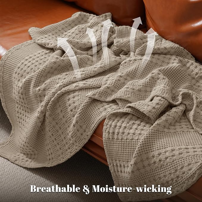 PHF 100% Cotton Waffle Weave Blanket Queen Size for Bed, Soft Lightweight & Breathable, All-Season Comfort, Luxury Aesthetic Woven Bedding for Home Decor, 90"x90", Taupe