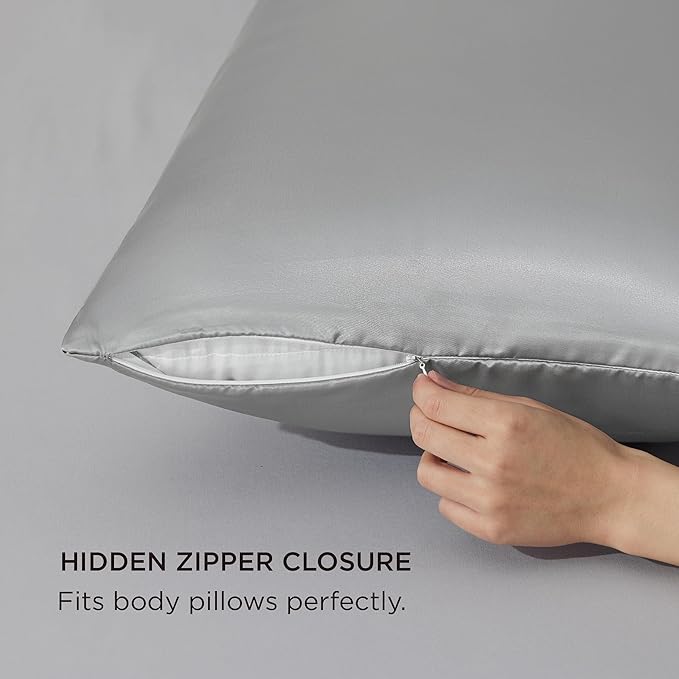 Bedsure Satin Body Pillow Cover with Zipper, Similar to Silk Body Pillow Pillowcase, Soft & Breathable Long Pillow Case, Cooling & Silky Long Pillowcase for Hair and Skin, Gifts, Grey, 20x54 Inches