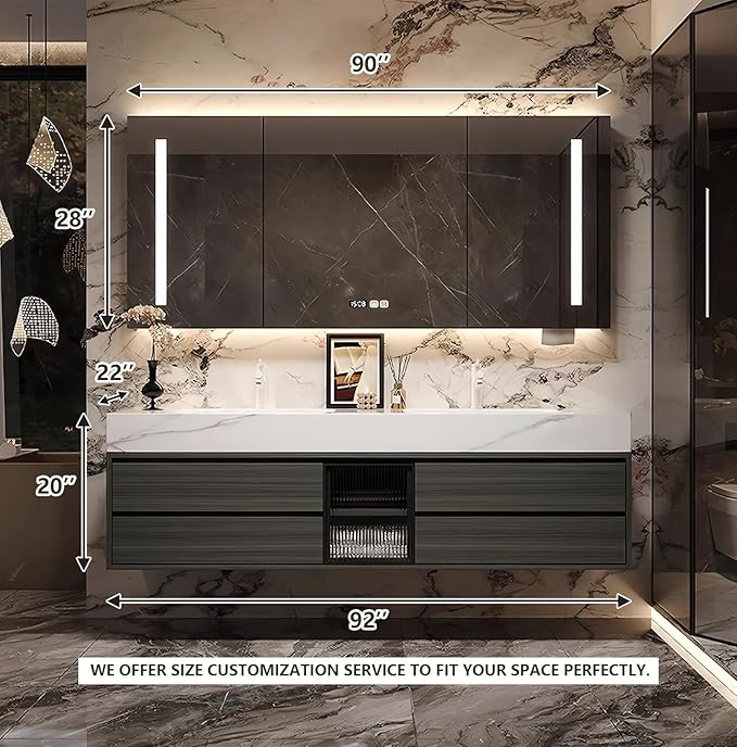 92IN Bathroom Vanity with Double Sink, Modern Bathroom Vanity with LED Smart Defog Mirror Cabinet & Integrated Ceramic Sink, Floating Vanities with Drawers and Glass Cabinet Door (Grey Wood)