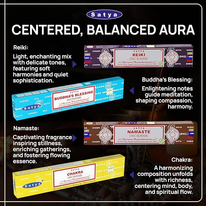 Satya Incense Sticks - Nag Champa, Namaste, Positive Vibes, Tantra, Buddha Blessing, Aura Cleansing, Chakra, Pyramids, Reiki, Karma, Spiritual, Traditional Ayurveda, Pack of 12 Assorted Fragrances