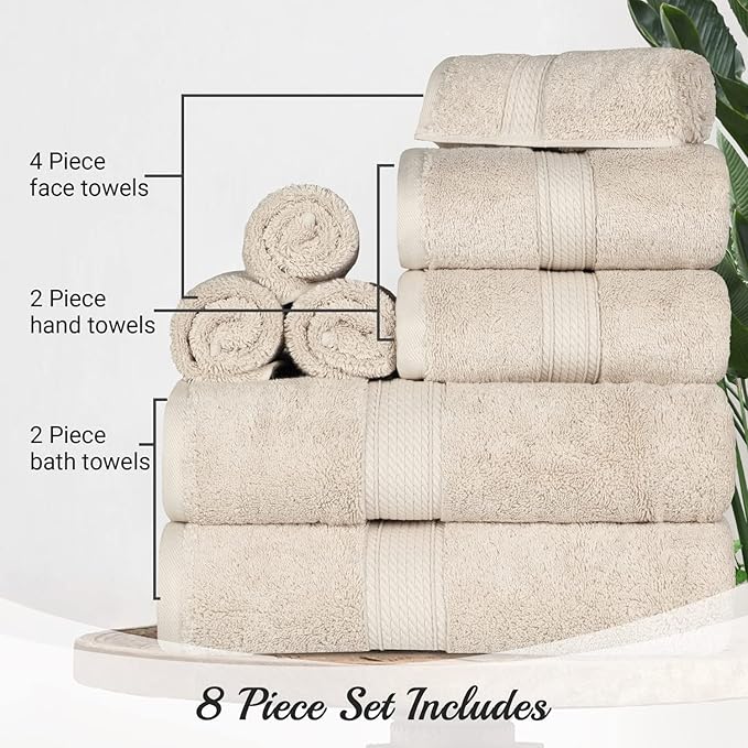 Superior Egyptian Cotton Pile 8 Piece Towel Set, Includes 2 Bath, 2 Hand, 4 Face Towels/Washcloths, Ultra Soft Luxury Towels, Thick Plush Essentials, Guest Bath, Spa, Hotel Bathroom, Cream
