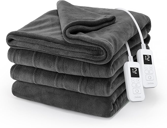 Sunbeam Electric Royal Luxe Microplush Heated Blanket, 12 Heat Settings, 12-Hour Auto Shut-Off, Fast Heating, Warm & Cozy, Machine Washable, Night Fog Color, Queen (90" x 84")