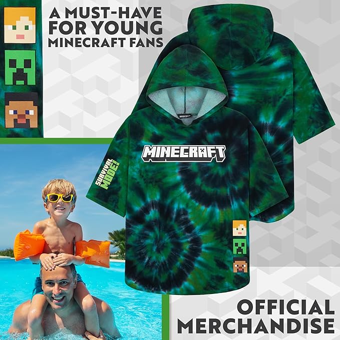 Minecraft Towelling Poncho Kids Teens Hooded Bath Towels Absorbent Beach Towel (Multi Tie Dye, 6-9 Years)