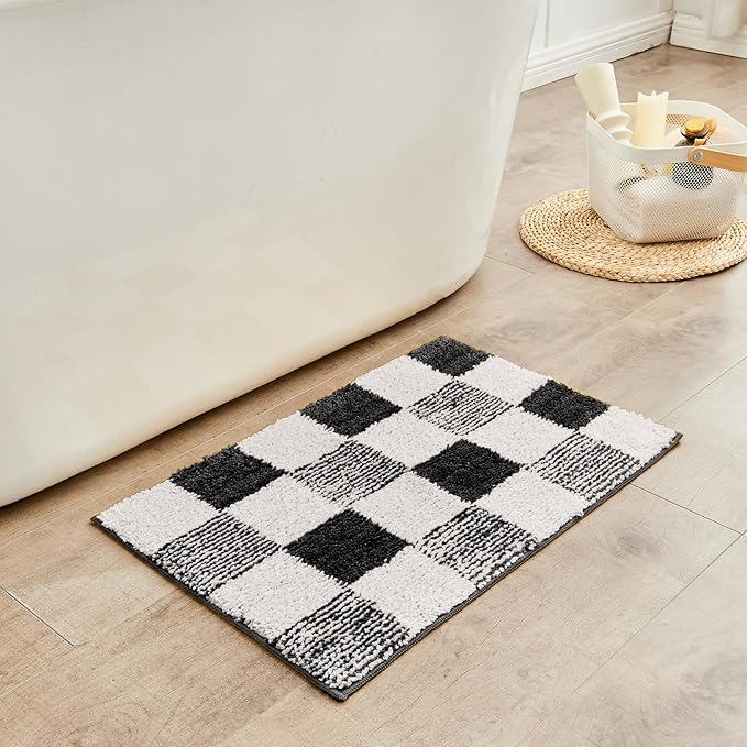 CozeCube Bath mats for Bathroom Non Slip, Fluffy Absorbent Microfiber Bath mat Washable, Aesthetic Bathroom Rugs, Long Jet Black Checkered Bath mat, Jet Black, 47" x 24"