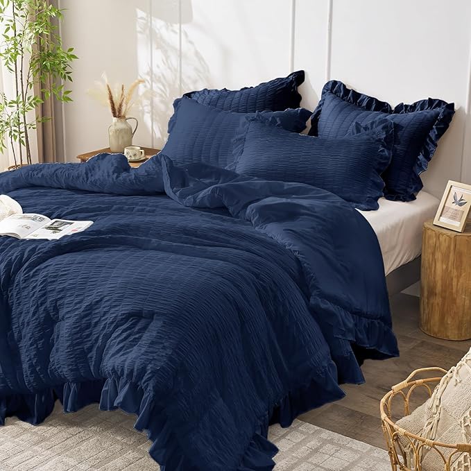 JOLLYVOGUE Navy Blue Twin Size Comforter Set, 2 Pieces Seersucker Lightweight Fluffy Bedding Set, Twin Ruffle Comforter, All Season Soft Microfiber Shabby Chic Bed Set